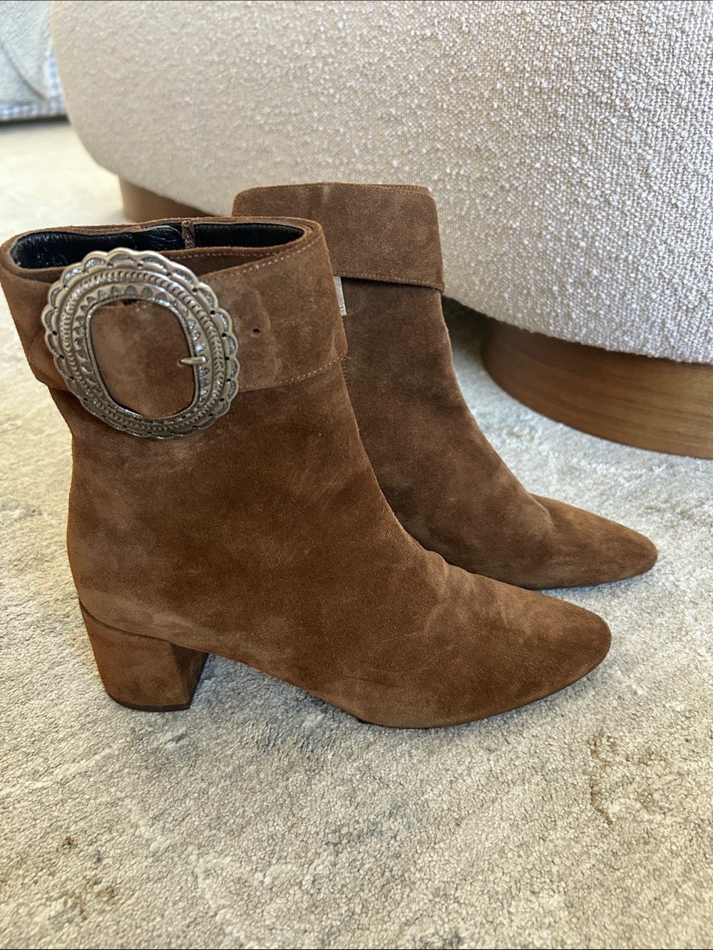 Ysl Saint Laurent Brown Suede Ankle Boots with Decorative Buckle - Women - Picture 2 of 6